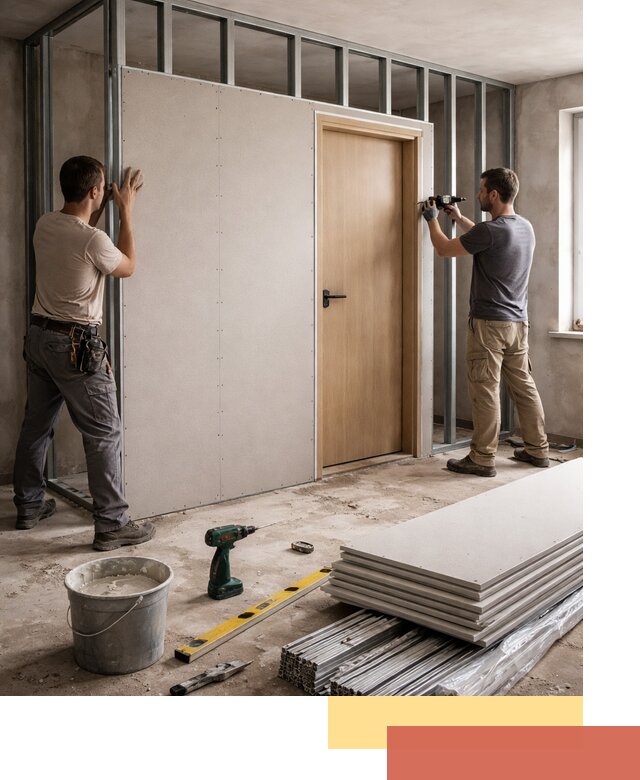 Перегородка из гипсокартона с дверью под ключ в Александрове