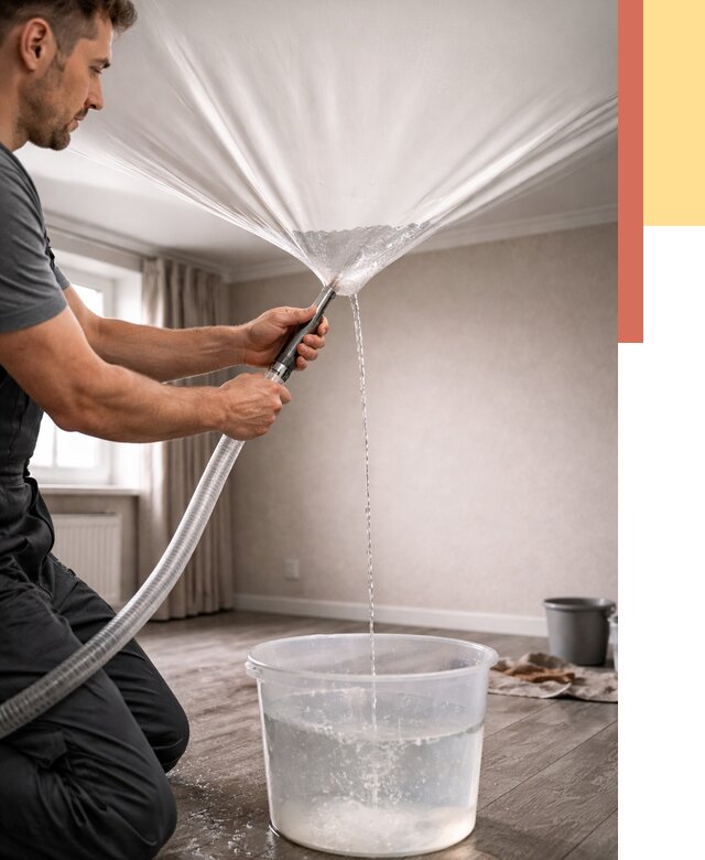 Слив воды с натяжного потолка в Александрове от 2678 руб. быстро и недорого | ОТДЕЛОЧНИК-Лкн