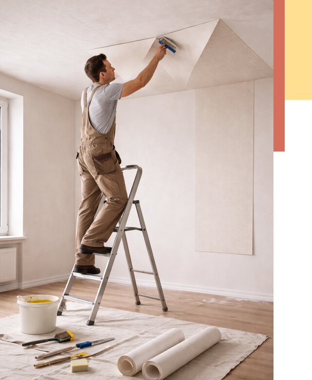 Поклейка обоев на потолок в Александрове от 4820 руб. быстро и недорого | ОТДЕЛОЧНИК-Лкн